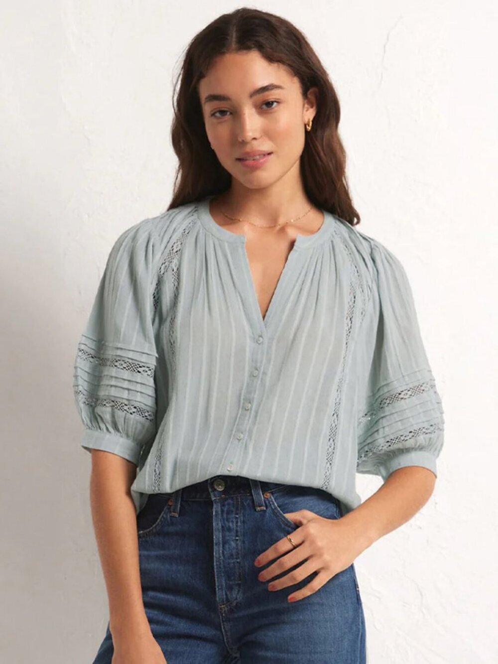Z Supply Green Short Sleeve V-Neck Elliot Lace Inset Top